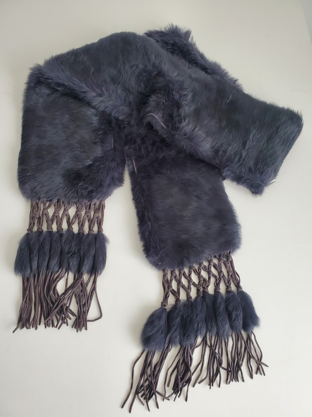 Genuine Rex Rabbit Fur & Leather Macramé Scarf